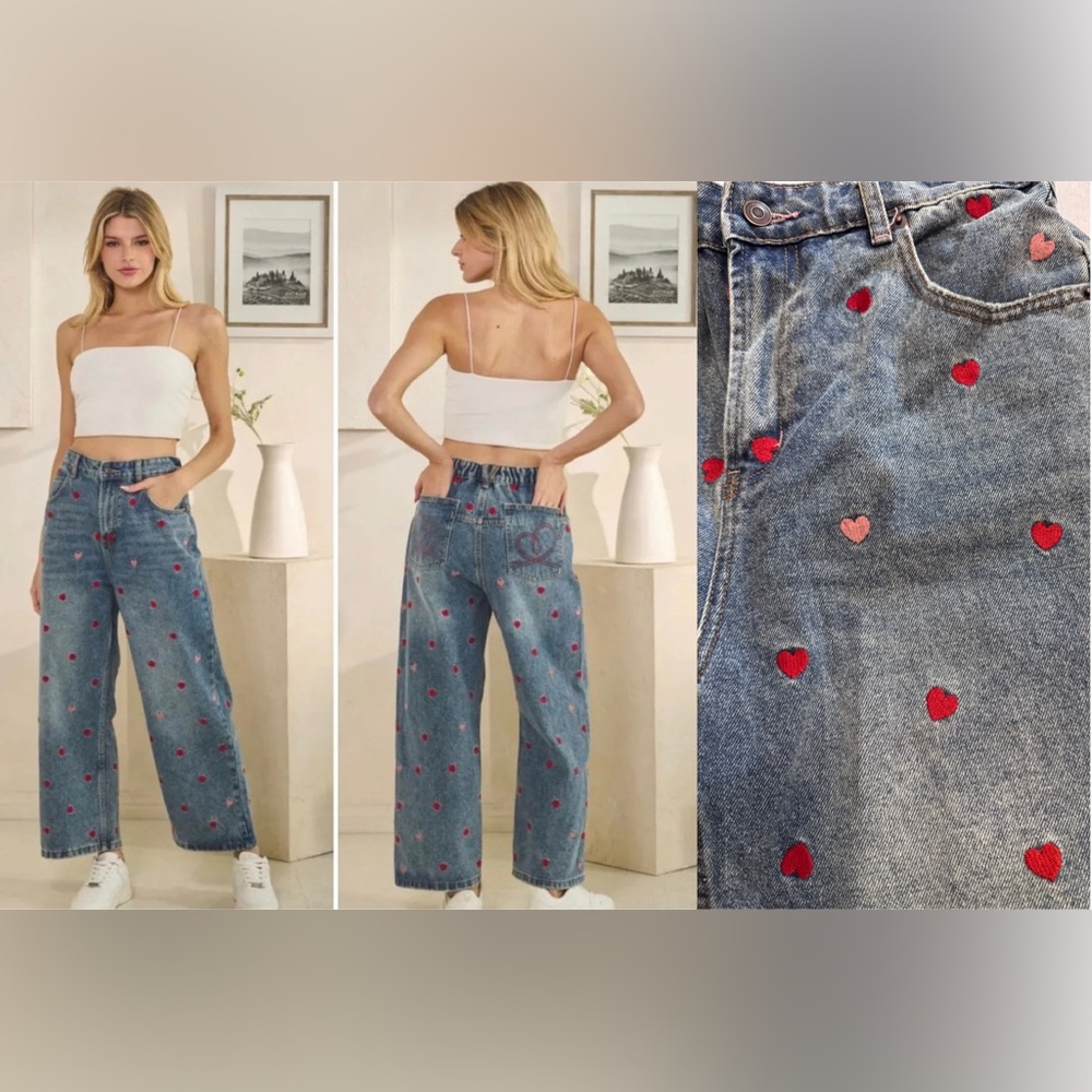 Oli & Hali Blue Denim Wide-Leg Jeans with Red Heart Embroidery
